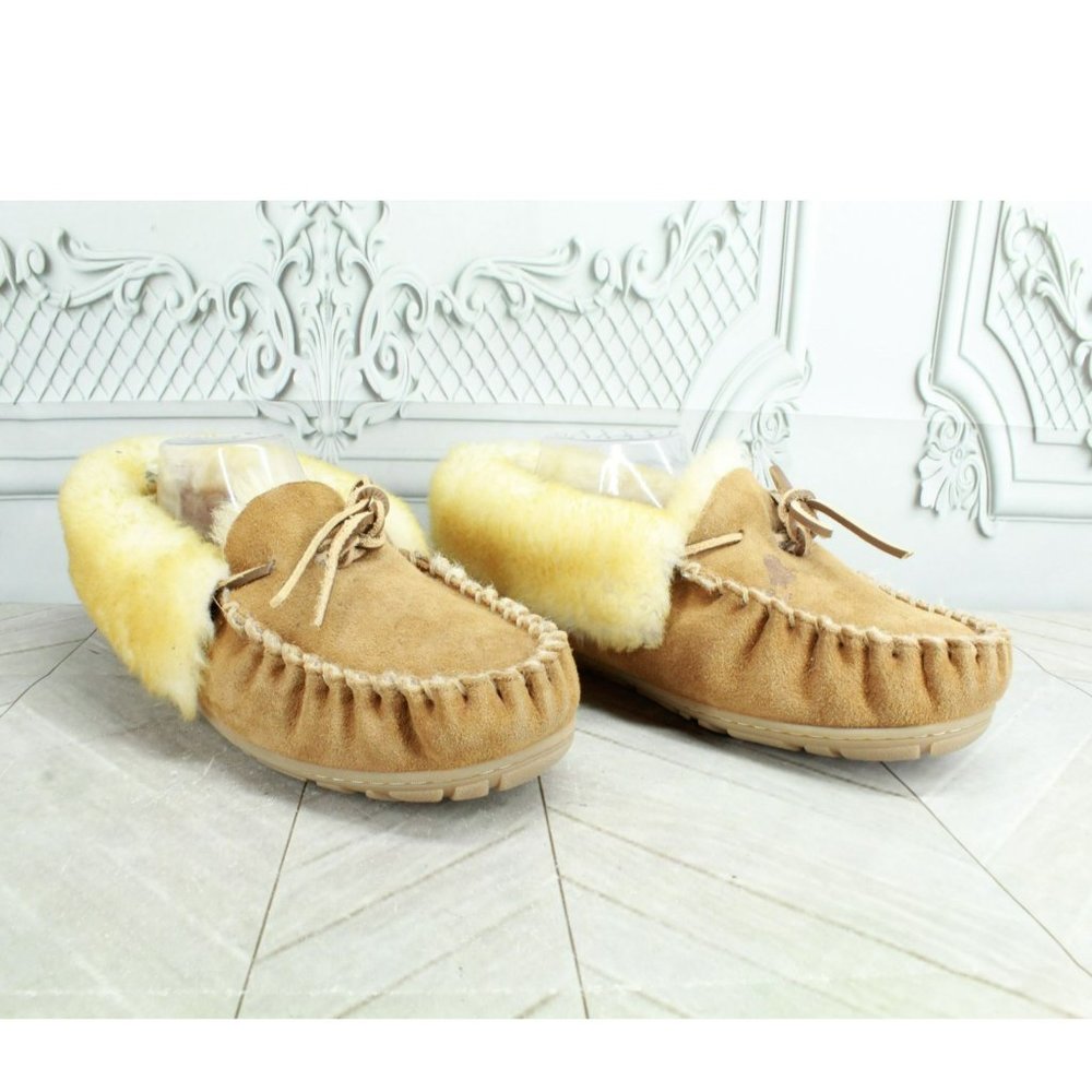 LL Bean Brown Suede Wicked Good Shearling Lined Moccasin Slippers Size 10 Wide - Picture 2 of 9